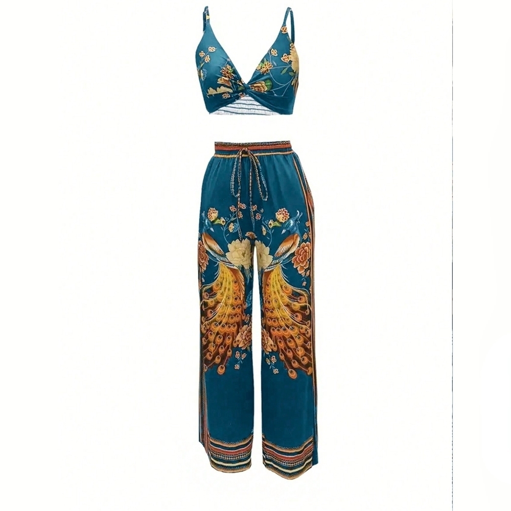 Women's Peacock Printed Twist Cami Crop Top And Pants Two-Piece Set - Picture 2 of 3
